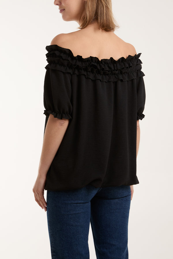 Qed London Ruffle Bardot Bubble Hem Top