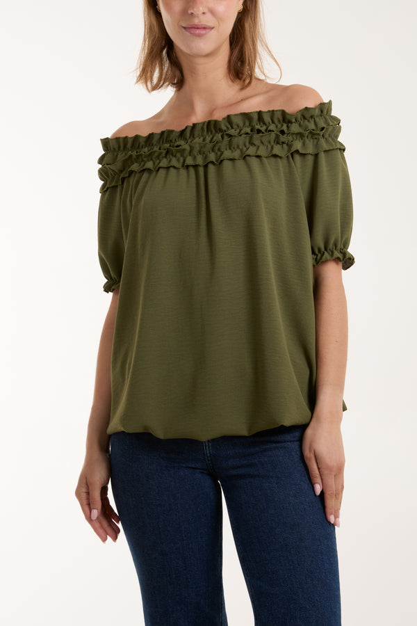 Qed London Ruffle Bardot Bubble Hem Top