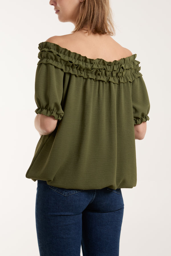Qed London Ruffle Bardot Bubble Hem Top