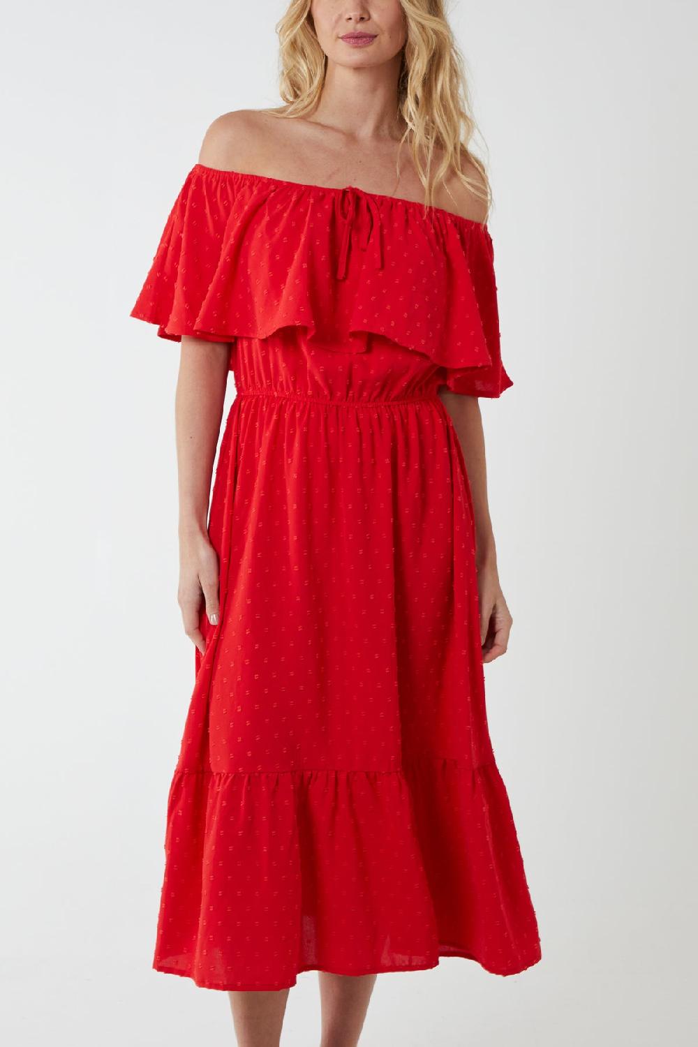 Qed London Ruffle Bardot Spot Midi Dress