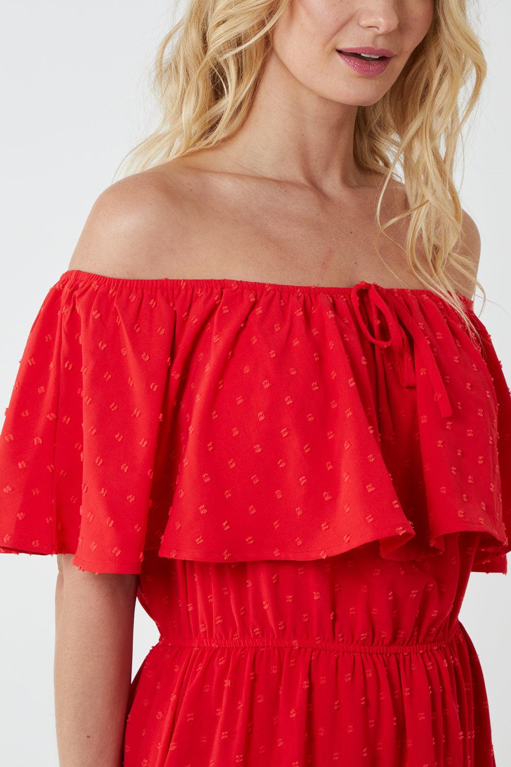 Qed London Ruffle Bardot Spot Midi Dress