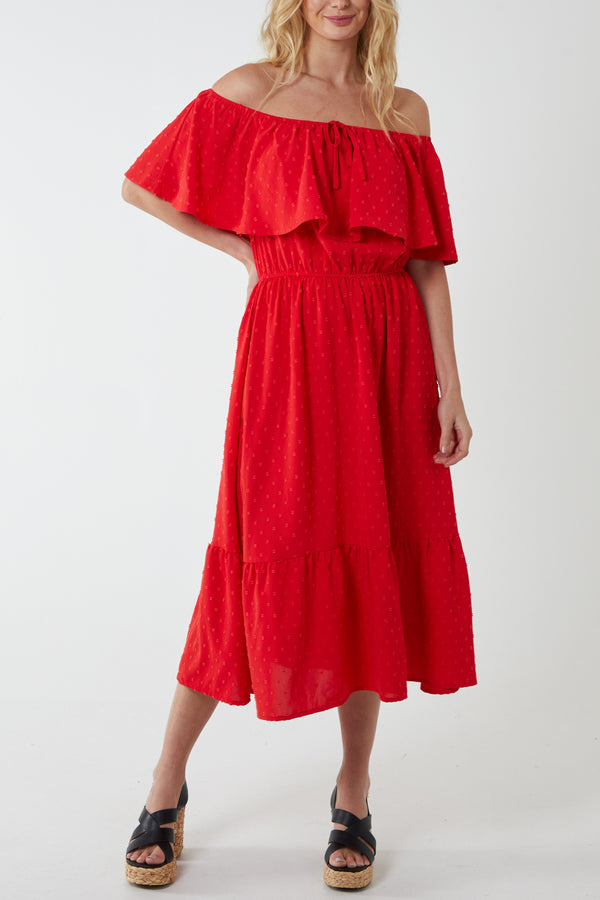 qed london Ruffle Bardot Spot Midi Dress