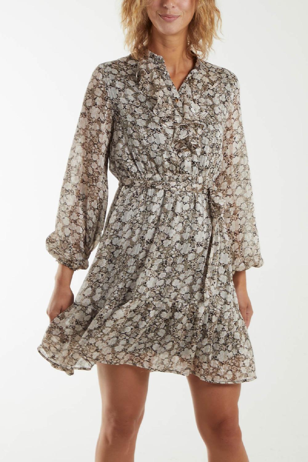 Qed London Ruffle Front Belted Floral Mini Dress