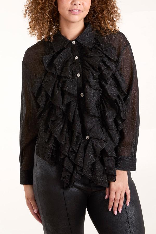 Qed London Ruffle Front Diamante Button Blouse