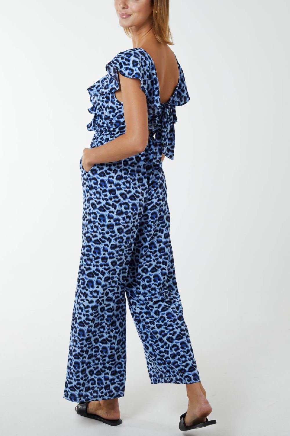 Qed London Ruffle Front Leopard Jumpsuit