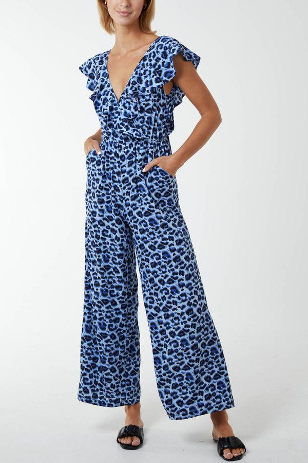 qed london Ruffle Front Leopard Jumpsuit