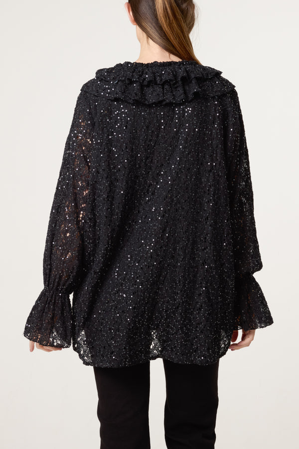 Qed London Ruffle Neck Sequin Lace Blouse