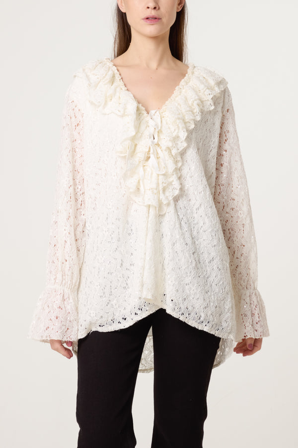 Qed London Ruffle Neck Sequin Lace Blouse