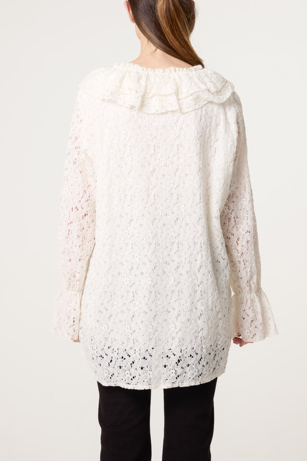 Qed London Ruffle Neck Sequin Lace Blouse