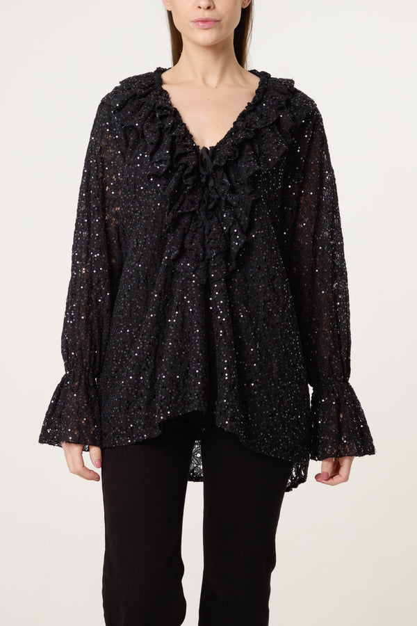 qed london Ruffle Neck Sequin Lace Blouse
