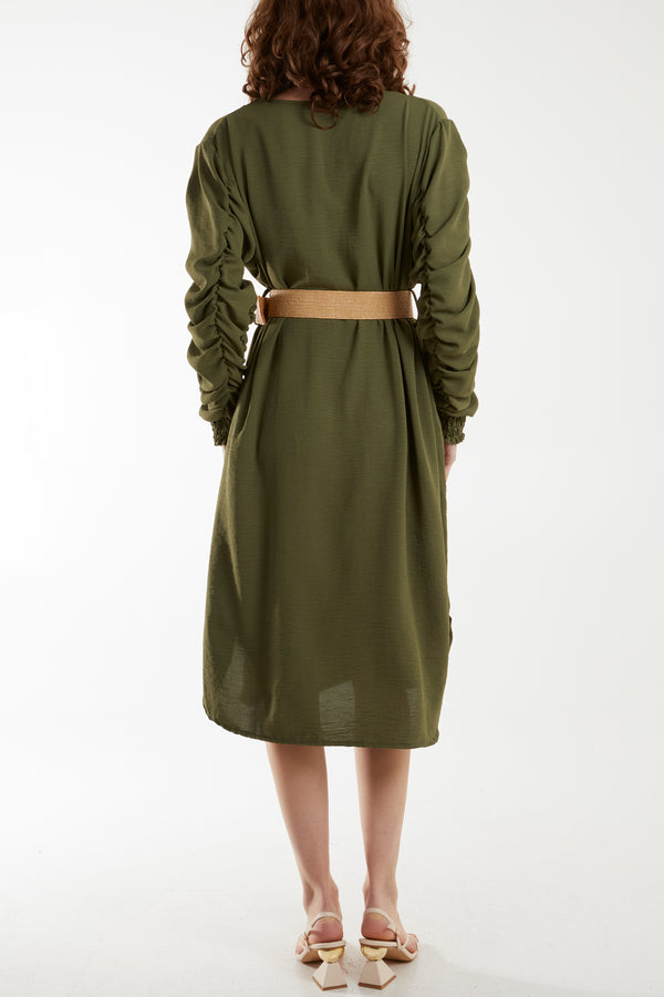 Qed London Ruffle Sleeve Pelted Midi Dress