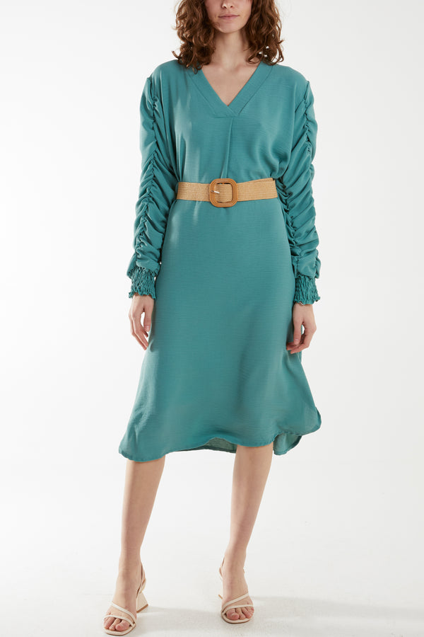 Qed London Ruffle Sleeve Pelted Midi Dress