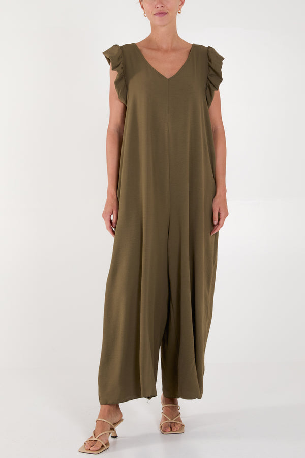 Qed London Ruffle Sleeve Wide Leg Jumpsuit