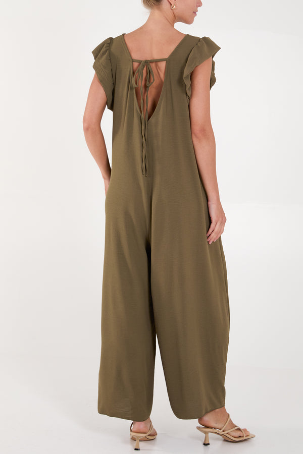 Qed London Ruffle Sleeve Wide Leg Jumpsuit
