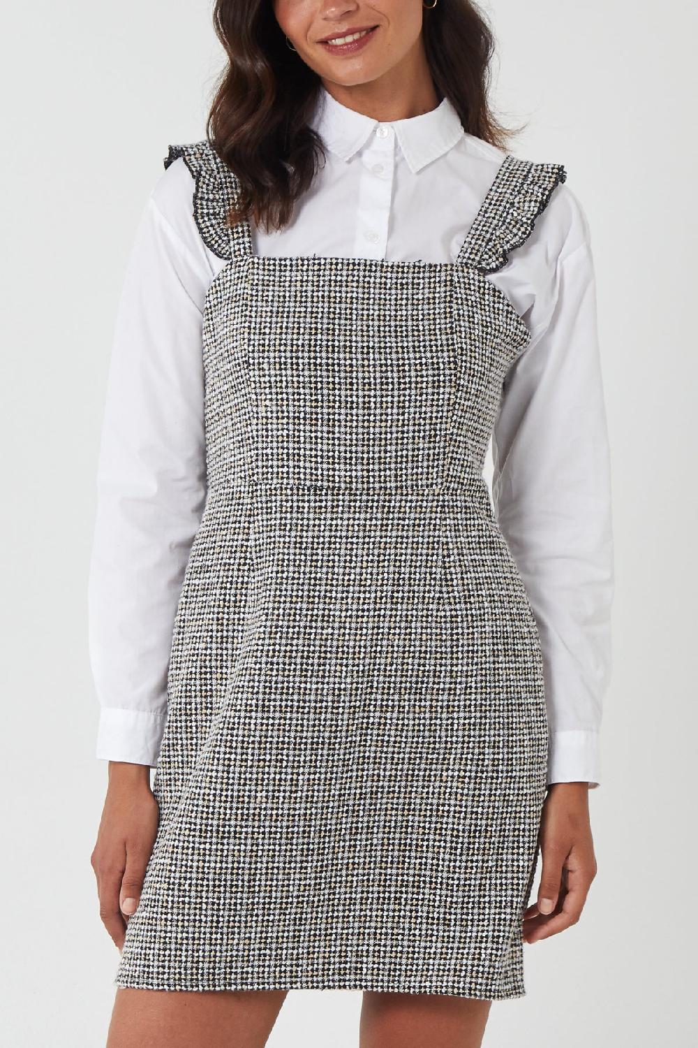 Qed London Ruffle Straps Tweed Pinafore Dress