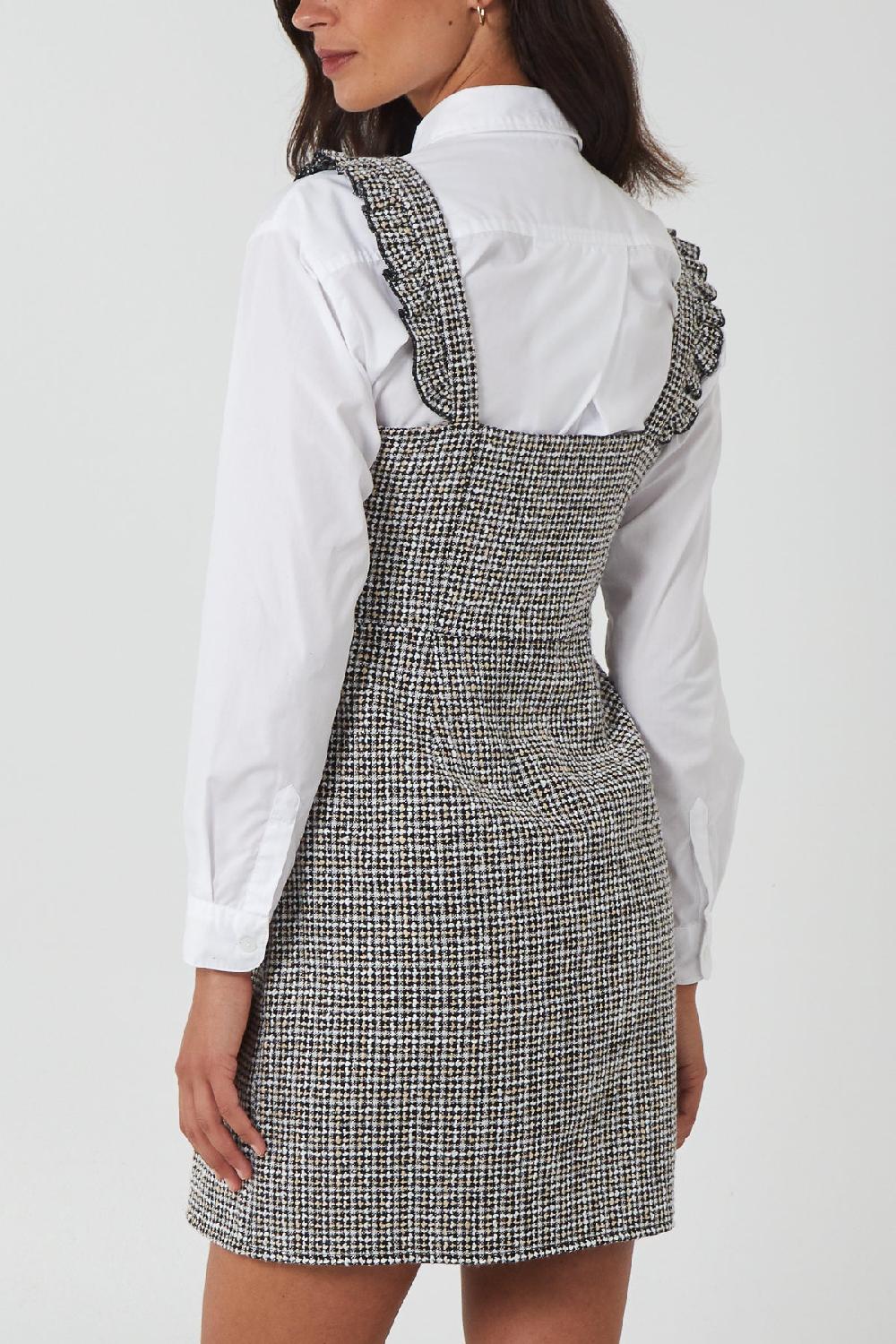 Qed London Ruffle Straps Tweed Pinafore Dress