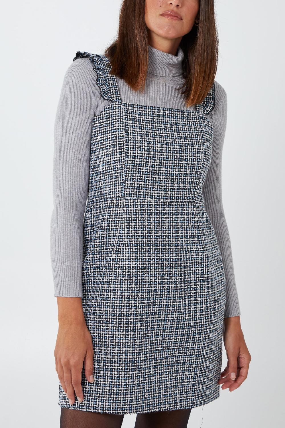 Qed London Ruffle Straps Tweed Pinafore Dress