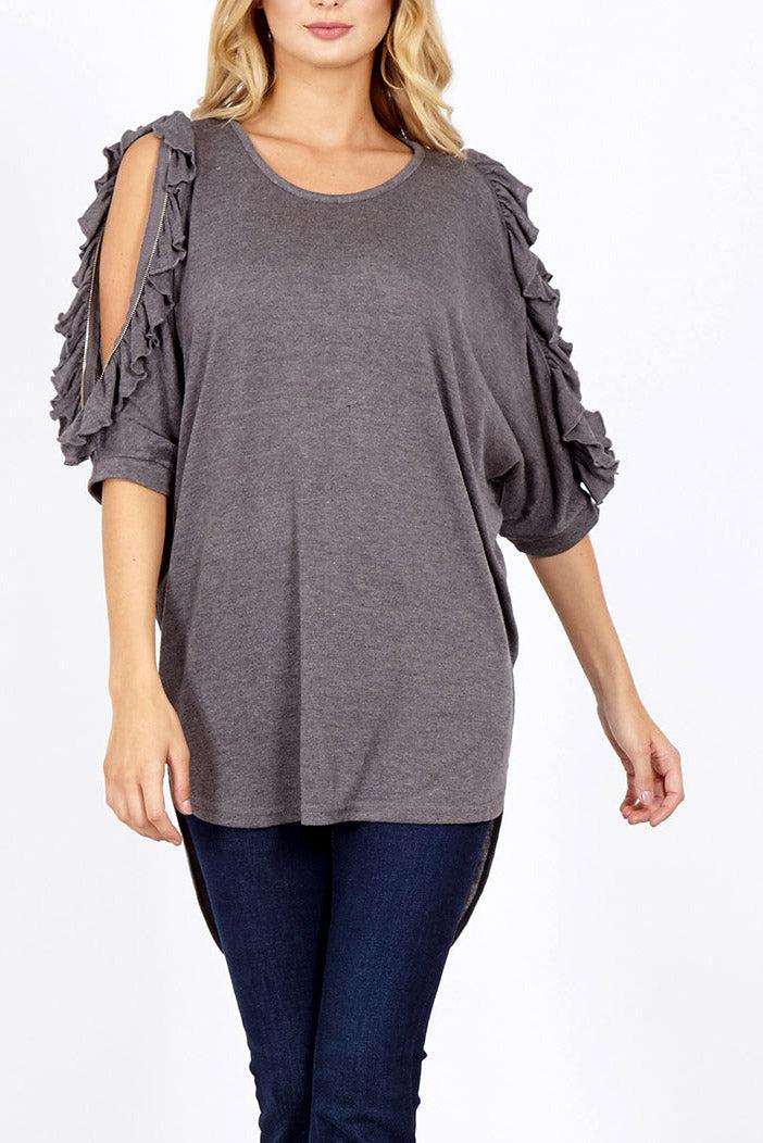 qed london Ruffle Zip Cold Shoulder Top