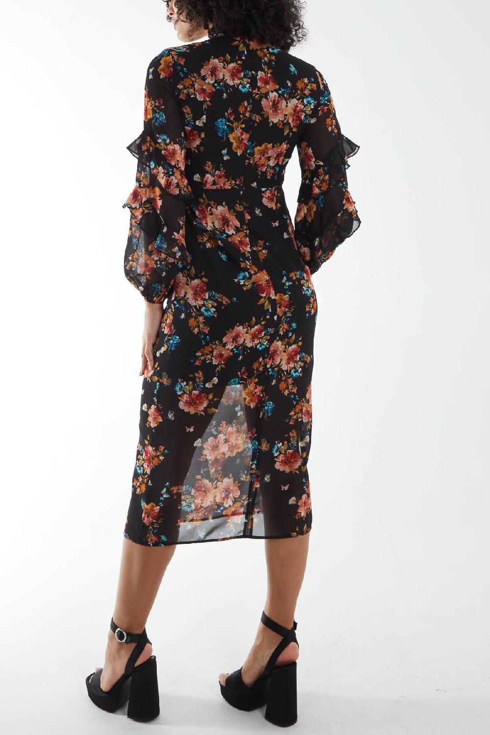 Qed London Ruffled Sleeve Floral Print Midi Dress