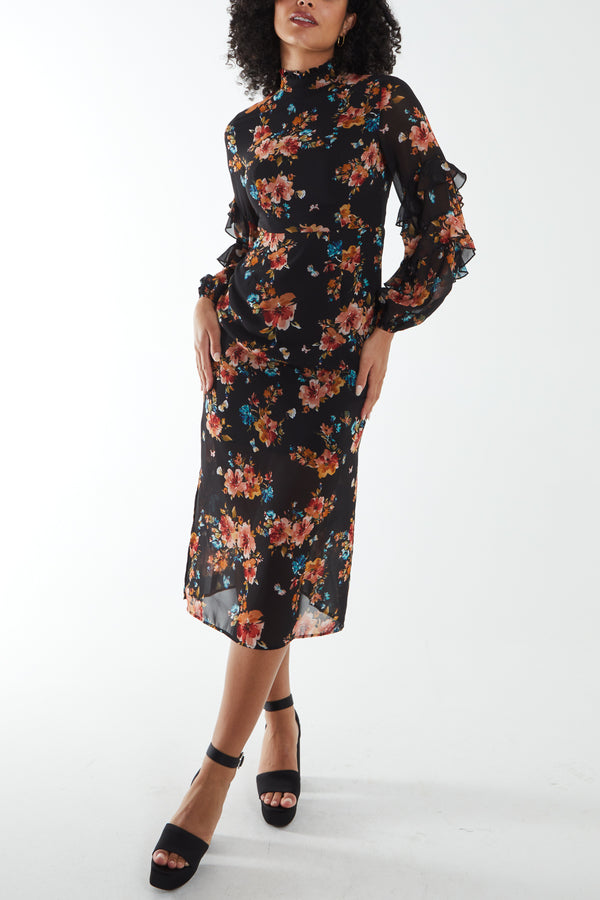 qed london Ruffled Sleeve Floral Print Midi Dress