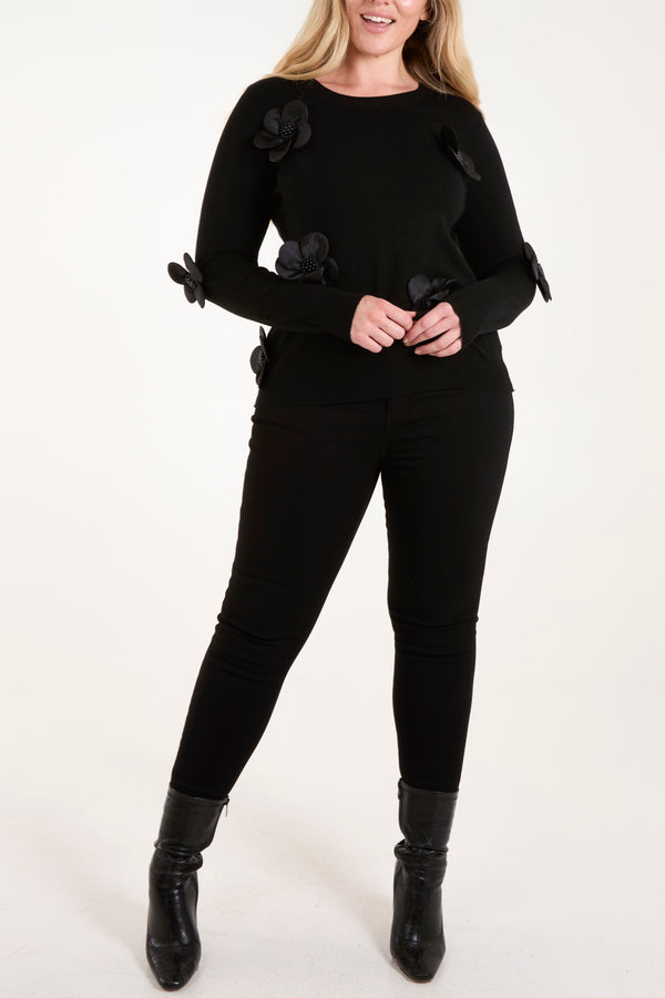 Qed London Satin & Beaded Flowers Knit Jumper