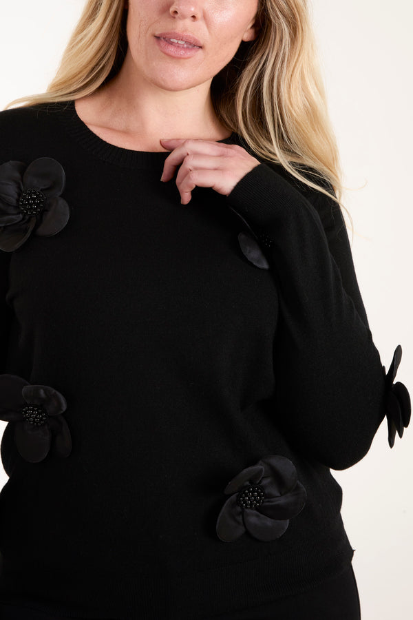 Qed London Satin & Beaded Flowers Knit Jumper