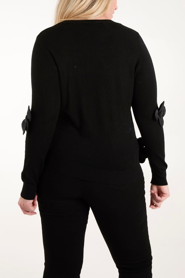 Qed London Satin & Beaded Flowers Knit Jumper