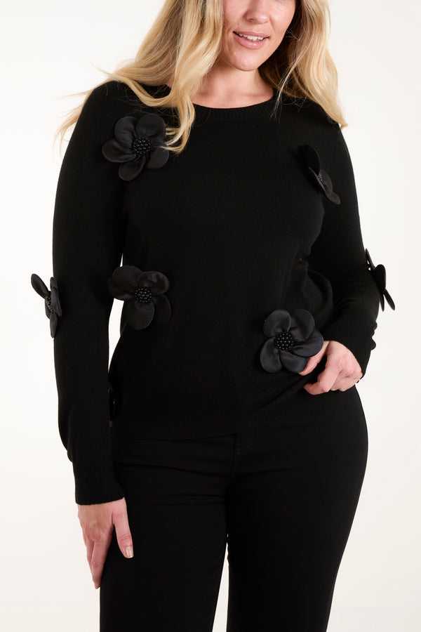 qed london Satin & Beaded Flowers Knit Jumper