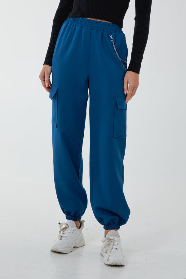 qed london Satin Feel Chain Detail Cargo Trousers