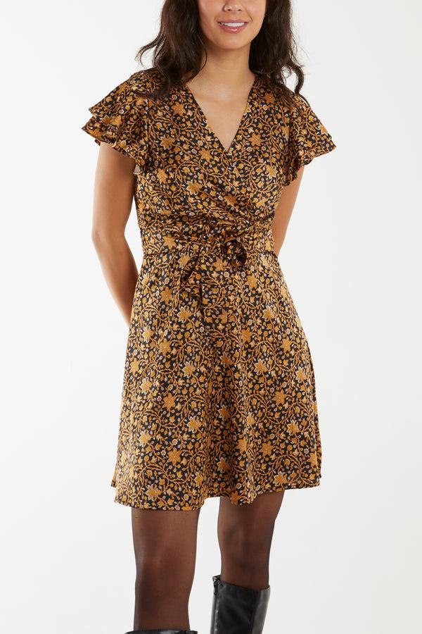 Qed London Satin Floral Wrap Frill Mini Dress