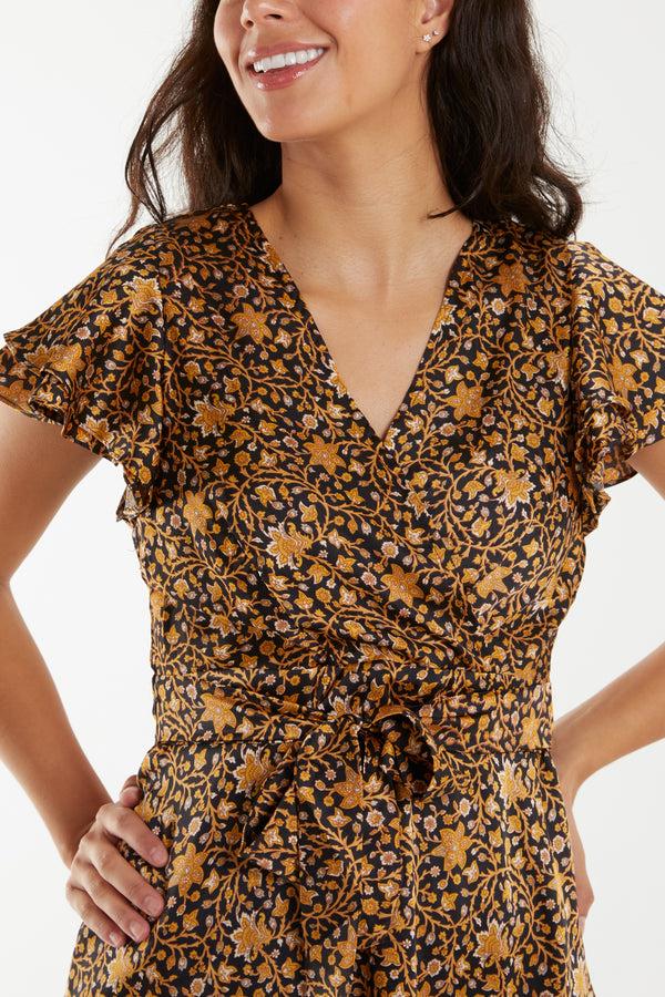 Qed London Satin Floral Wrap Frill Mini Dress