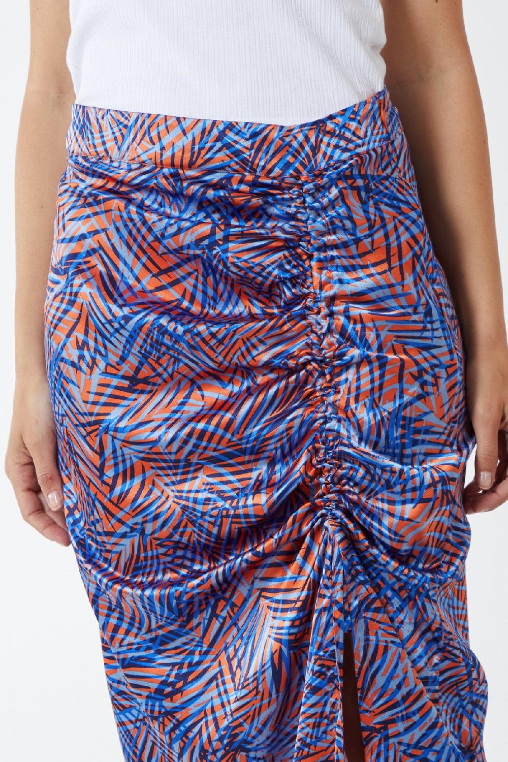 Qed London Satin Ruched Printed Midi Skirt
