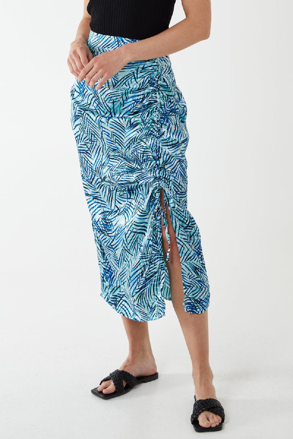 Qed London Satin Ruched Printed Midi Skirt