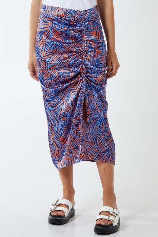 Qed London Satin Ruched Printed Midi Skirt