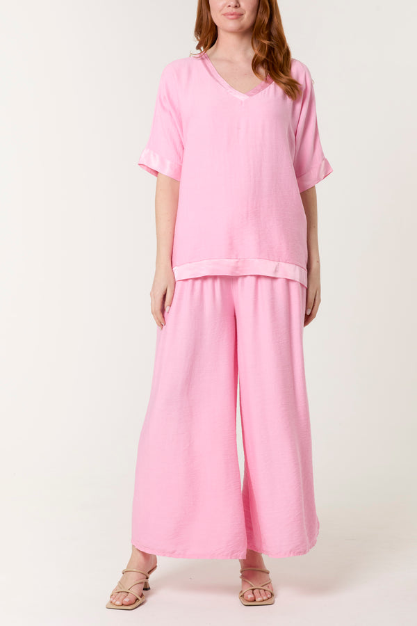 qed london Satin Trim Top & Trousers Set