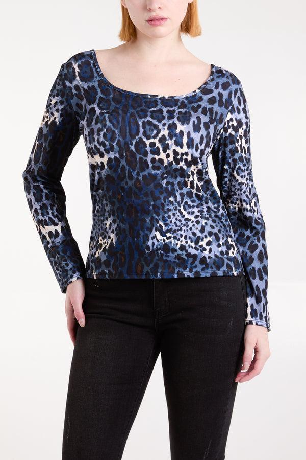 Qed London Scoop Neck Leopard Print Ribbed Top