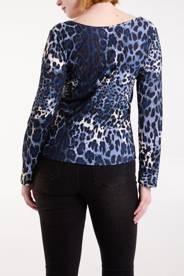 Qed London Scoop Neck Leopard Print Ribbed Top