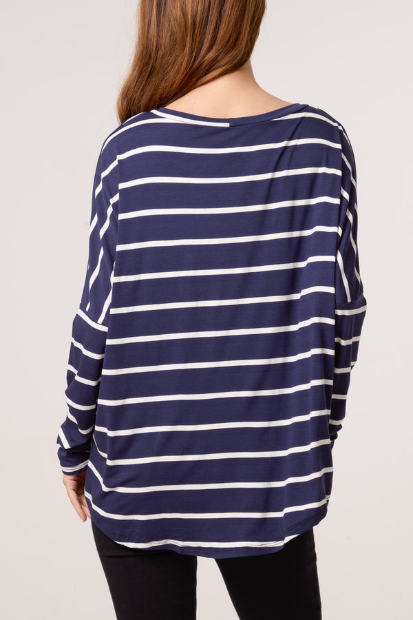 Qed London Scoop Neck Long Sleeve Stripe Top