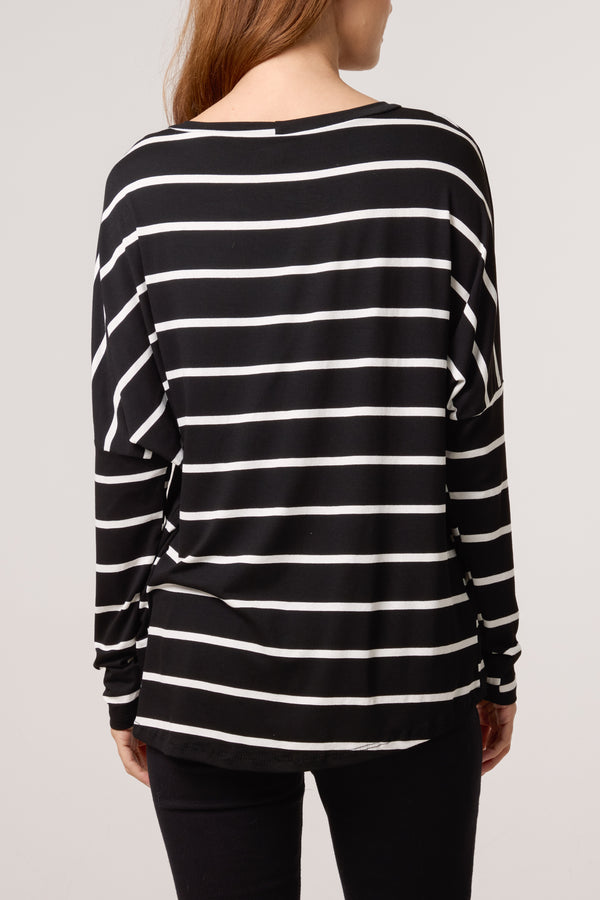 Qed London Scoop Neck Long Sleeve Stripe Top