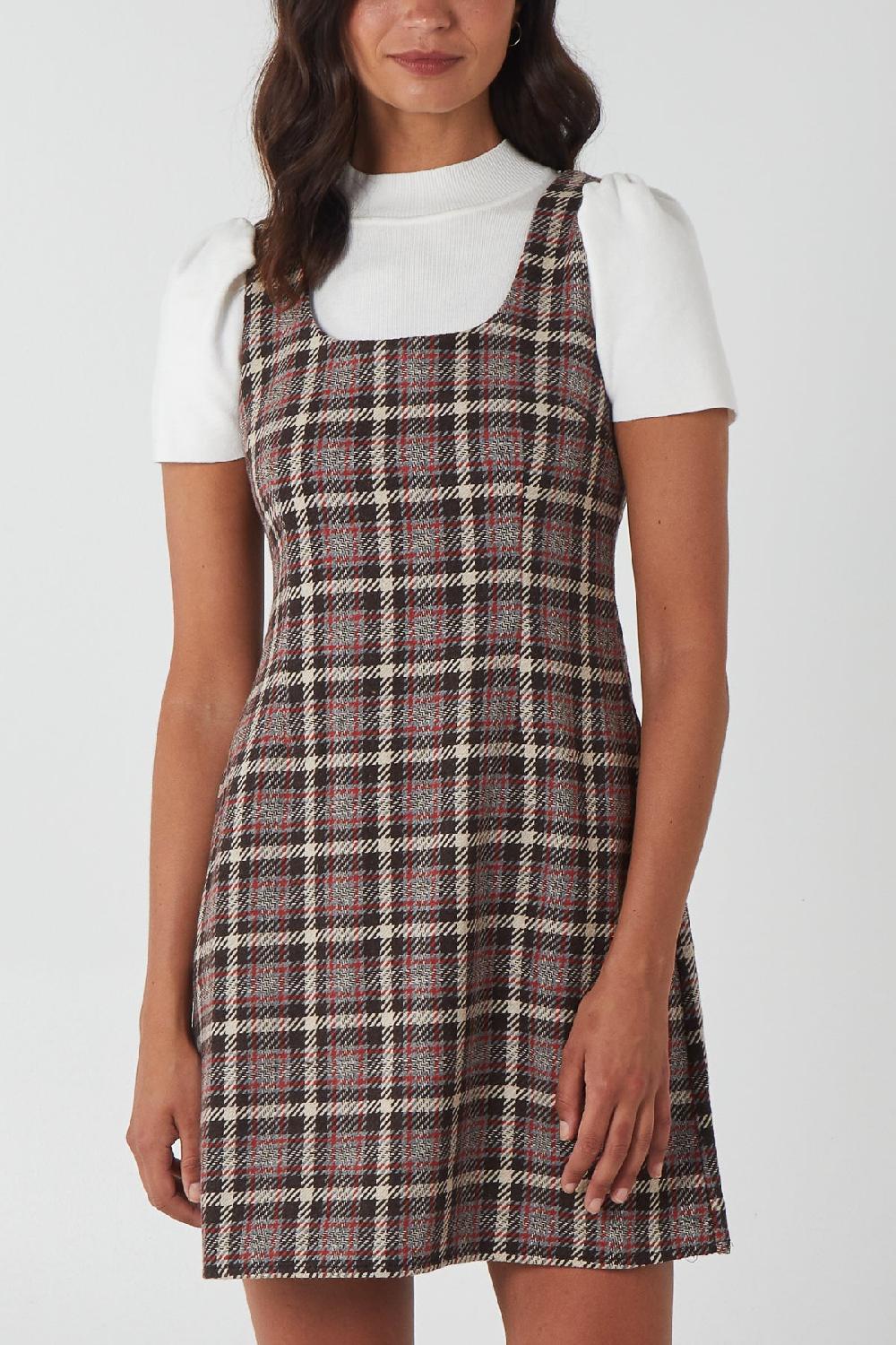 Qed London Scoop Neck Tartan Pinafore Dress