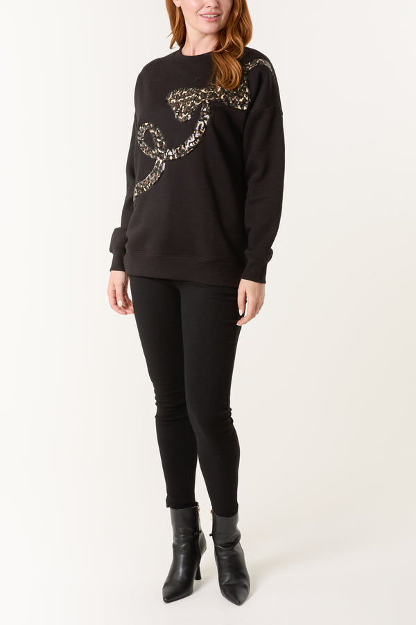 Qed London Sequin Animal Print Bow Sweatshirt