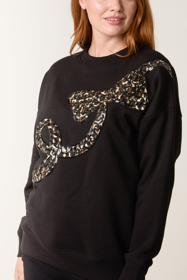 Qed London Sequin Animal Print Bow Sweatshirt