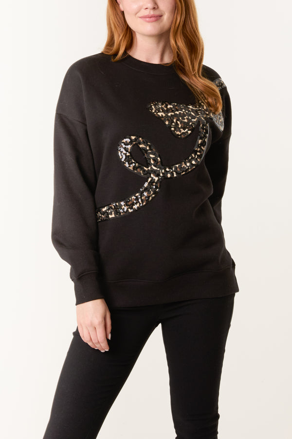 qed london Sequin Animal Print Bow Sweatshirt
