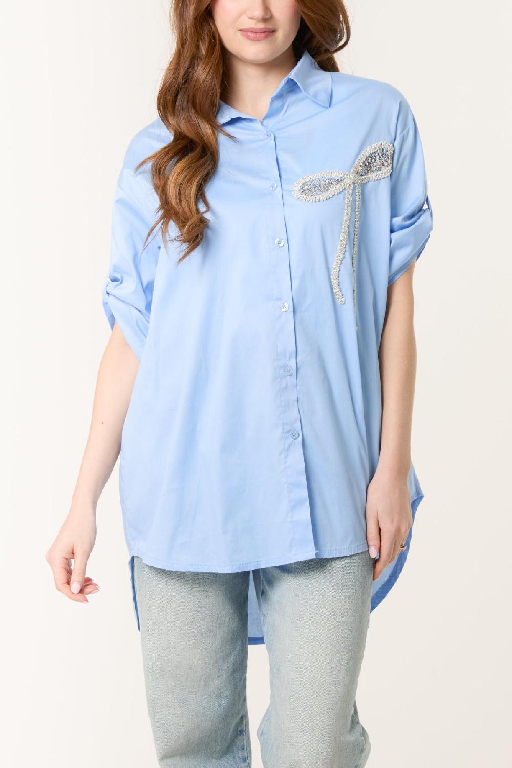 Qed London Sequin Bow Cotton Blend Shirt