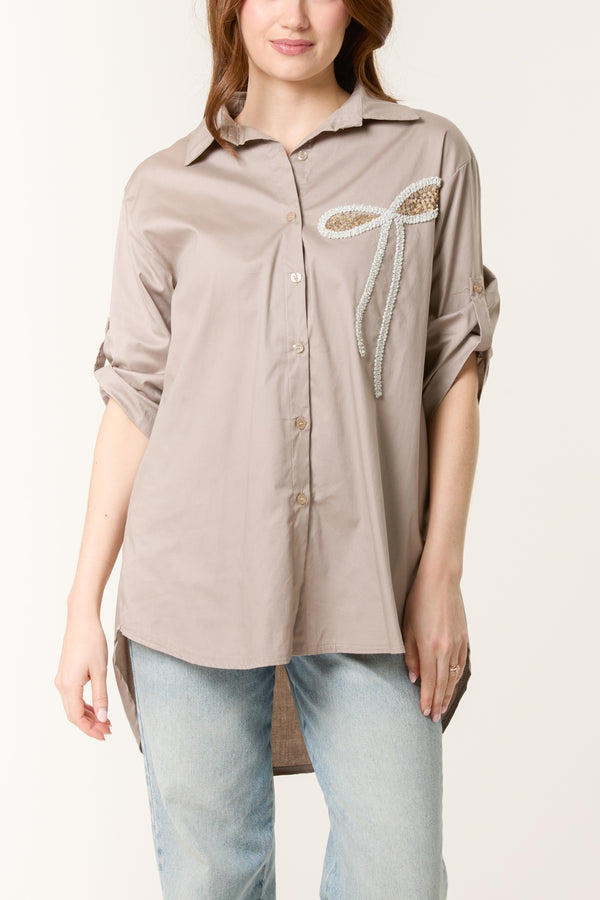 Qed London Sequin Bow Cotton Blend Shirt