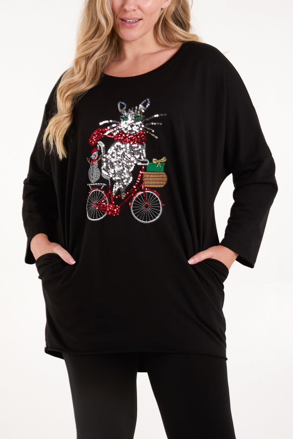 qed london Sequin Cat Bike Sweat Top