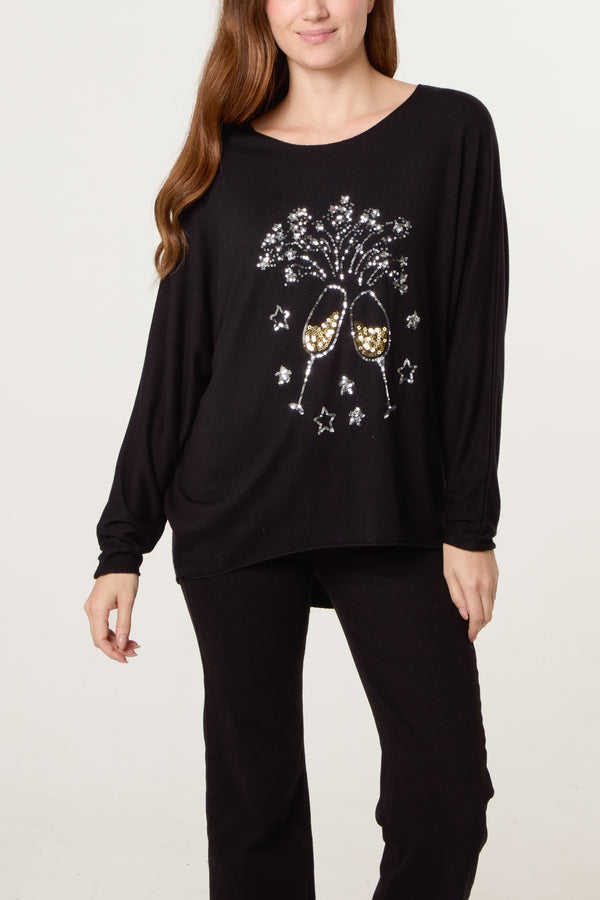 qed london Sequin Champagne Glass Batwing Jumper