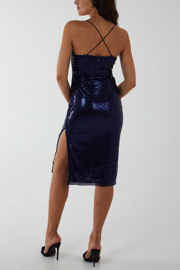 Qed London Sequin Cowl Neck Strappy Midi Dress