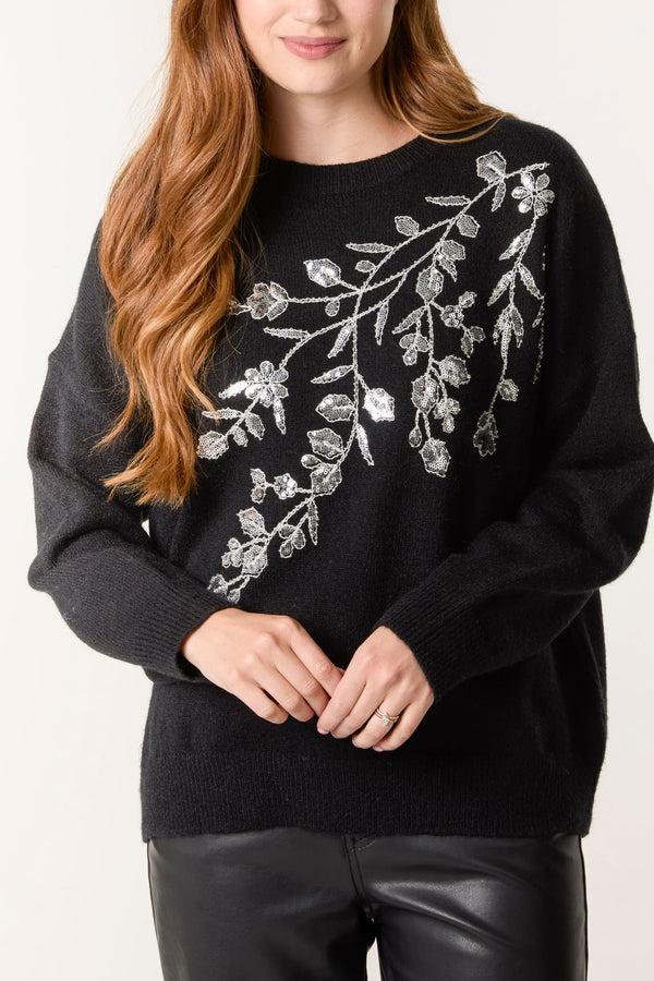 Qed London Sequin Embellished Leaf Jumper