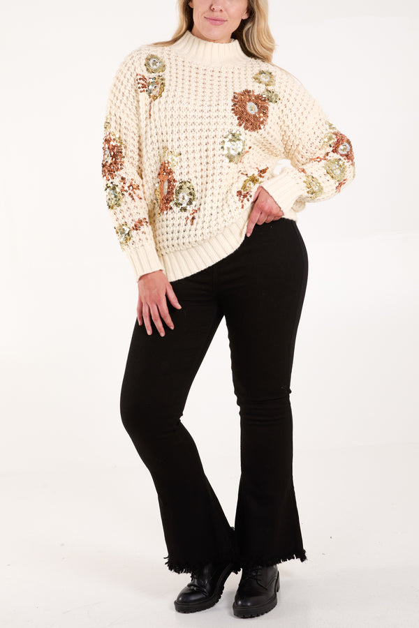 Qed London Sequin Flower Chunky Knit Jumper